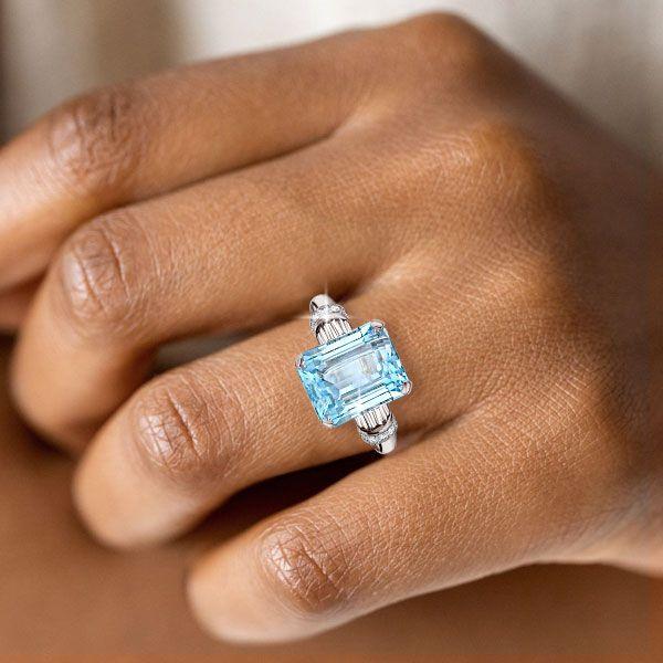 Aquamarine Engagement Ring - Emerald Cut Sterling Silver