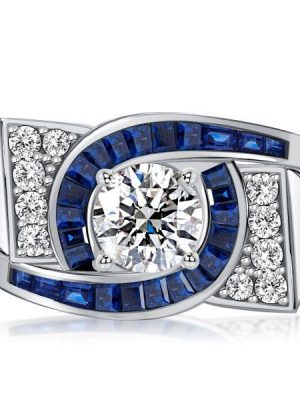 Art Deco Blue Sapphire Engagement Ring - 925 Sterling Silver