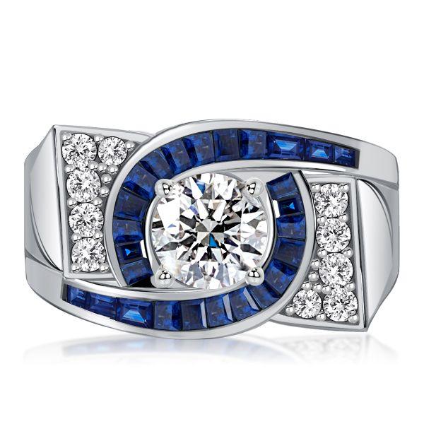 Art Deco Blue Sapphire Engagement Ring - 925 Sterling Silver