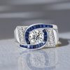 Art Deco Blue Sapphire Engagement Ring - 925 Sterling Silver