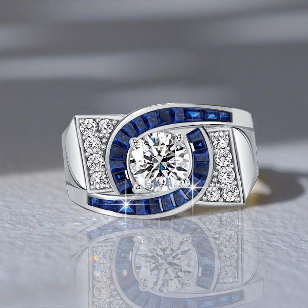 Art Deco Blue Sapphire Engagement Ring - 925 Sterling Silver