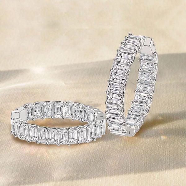 Emerald Cut Hoop Earrings for Women, 21 CT. TW., Sterling Silver Rhodium Plated