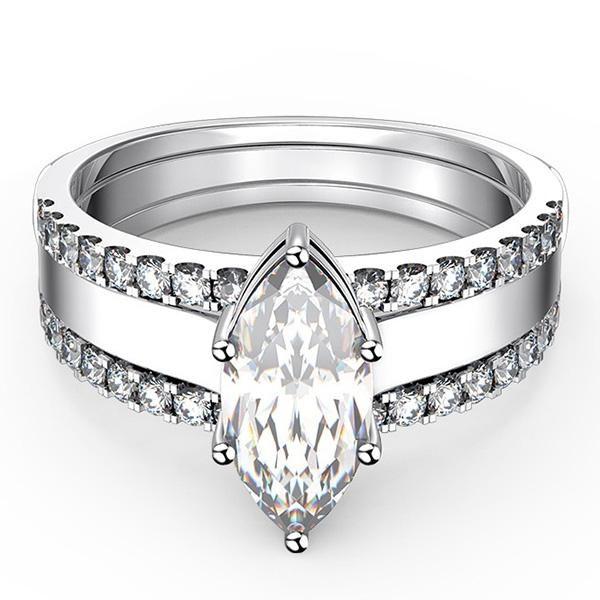 Marquise Cut White Sapphire Wedding Set - Sterling Silver 3PC Bridal Ring Set
