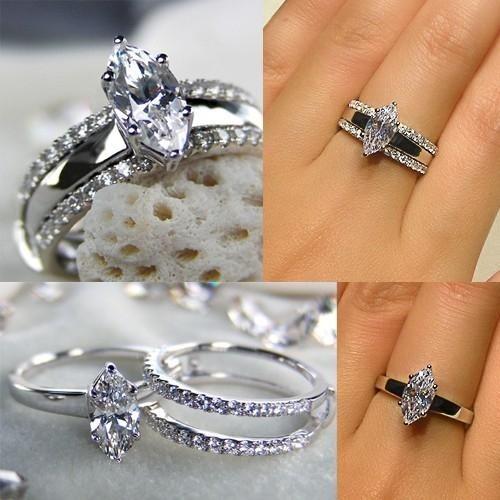 Marquise Cut White Sapphire Wedding Set - Sterling Silver 3PC Bridal Ring Set