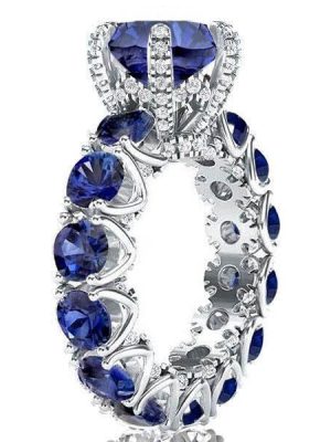 Round Cut Created Blue Sapphire Engagement Ring - 925 Sterling Silver