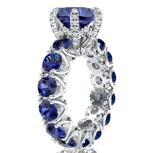 Round Cut Created Blue Sapphire Engagement Ring - 925 Sterling Silver