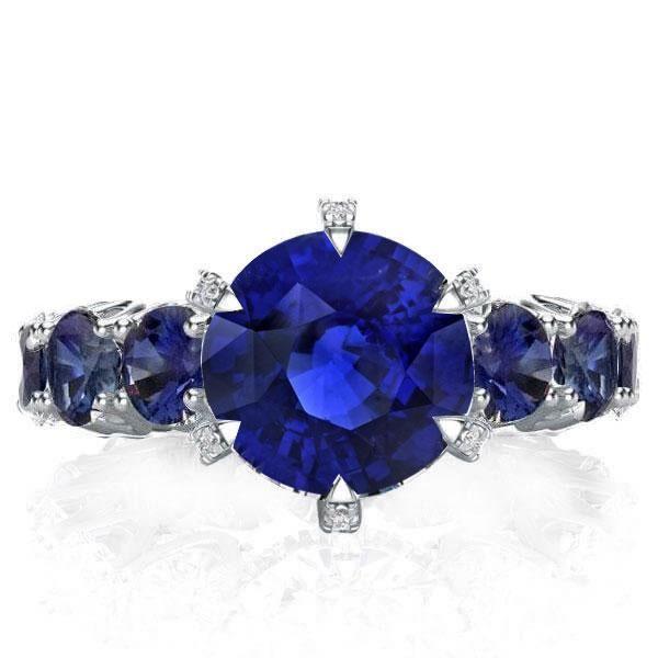 Round Cut Created Blue Sapphire Engagement Ring - 925 Sterling Silver