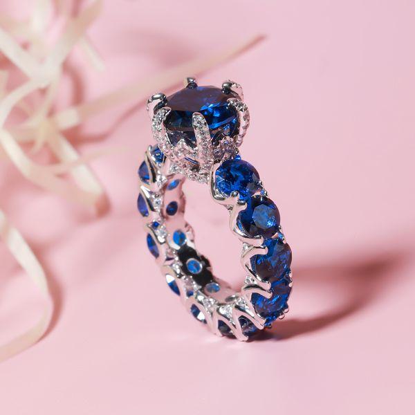 Round Cut Created Blue Sapphire Engagement Ring - 925 Sterling Silver