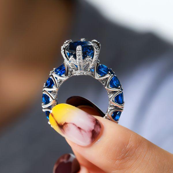Round Cut Created Blue Sapphire Engagement Ring - 925 Sterling Silver
