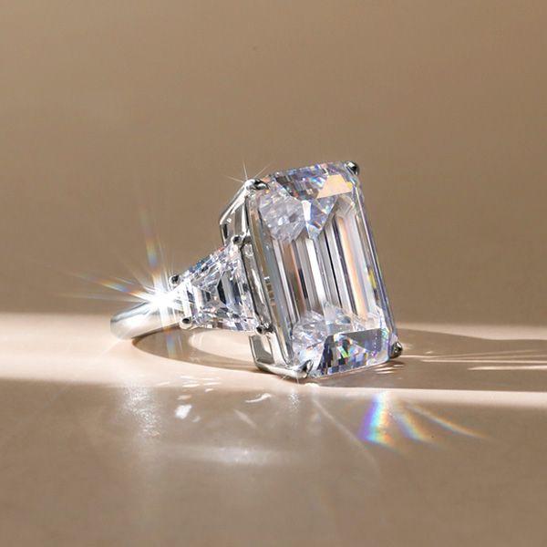 Emerald & Trillion Cut Three Stone Ring - 925 Sterling Silver