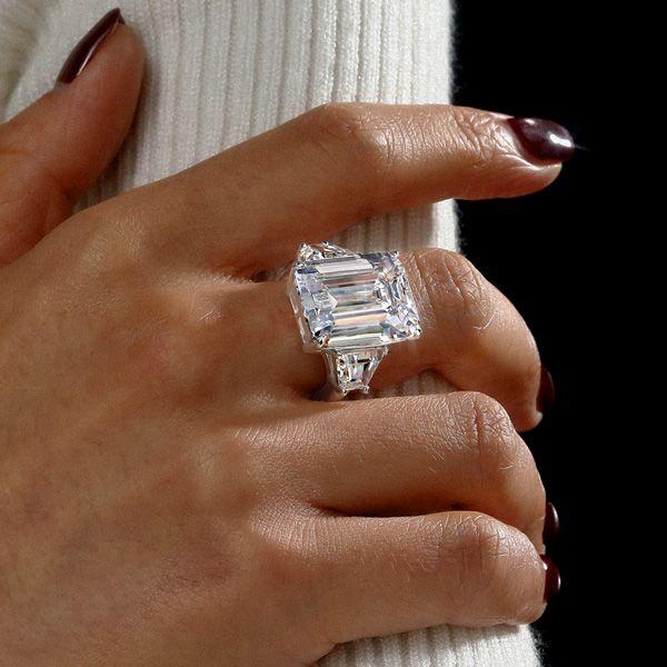 Emerald & Trillion Cut Three Stone Ring - 925 Sterling Silver
