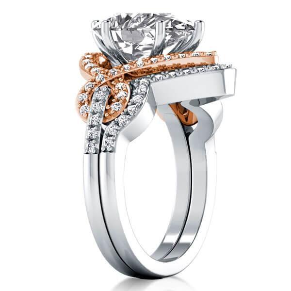 Two-Tone Ribbon Knot White Sapphire Bridal Set - Sterling Silver Wedding Rings
