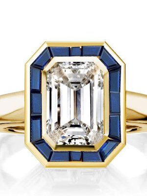 Emerald Cut Halo Solitaire Engagement Ring - 18K Gold Plated Sterling Silver
