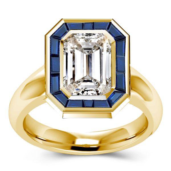 Emerald Cut Halo Solitaire Engagement Ring - 18K Gold Plated Sterling Silver