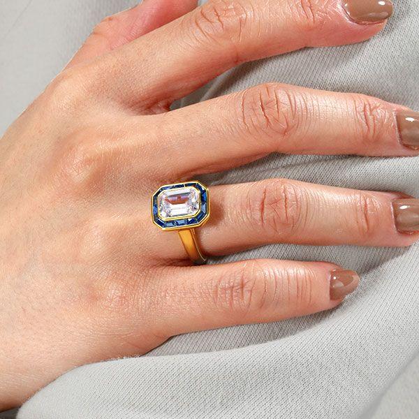 Emerald Cut Halo Solitaire Engagement Ring - 18K Gold Plated Sterling Silver