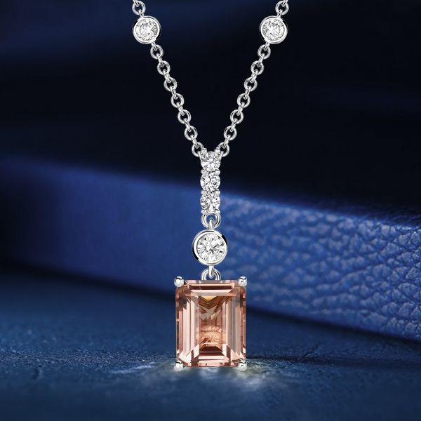 Morganite Emerald Cut Pendant Necklace in Sterling Silver