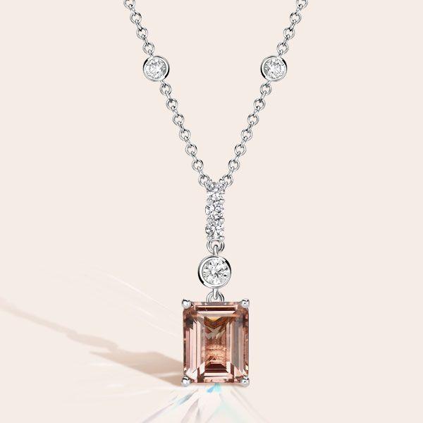 Morganite Emerald Cut Pendant Necklace in Sterling Silver