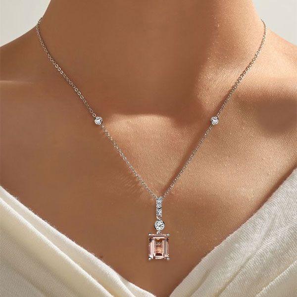 Morganite Emerald Cut Pendant Necklace in Sterling Silver