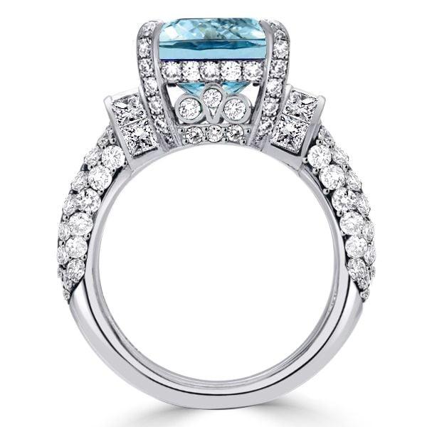 Art Deco Emerald Cut Aquamarine Engagement Ring in Rhodium Plated Sterling Silver