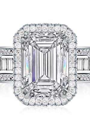MV-FB3AA3CDE813-1 Emerald Cut White Sapphire Halo Engagement Ring in Rhodium Plated Sterling Silver