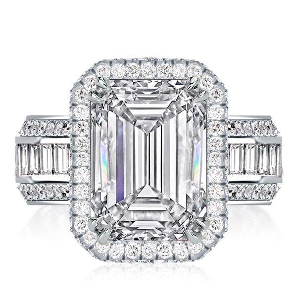 Emerald Cut White Sapphire Halo Engagement Ring in Rhodium Plated Sterling Silver