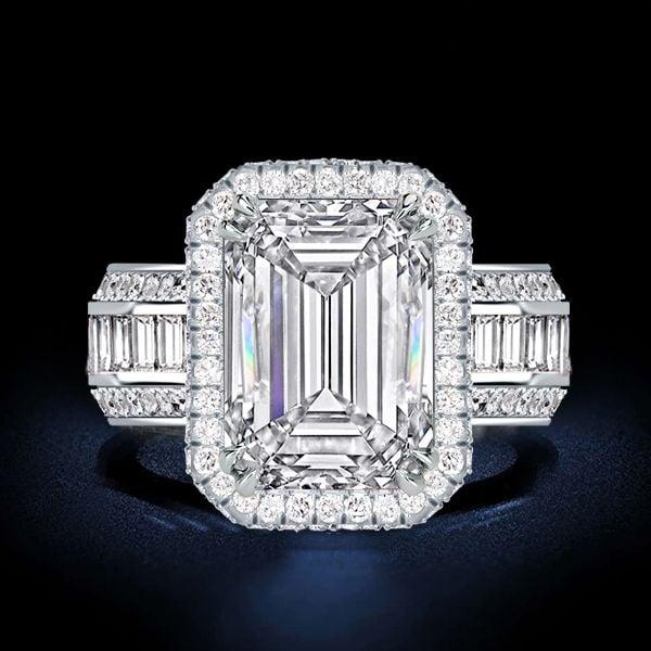 Emerald Cut White Sapphire Halo Engagement Ring in Rhodium Plated Sterling Silver