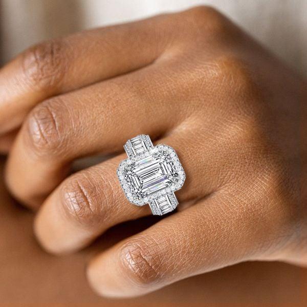 Emerald Cut White Sapphire Halo Engagement Ring in Rhodium Plated Sterling Silver