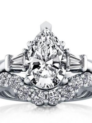 Three Stone Pear Created White Sapphire Bridal Set - Sterling Silver
