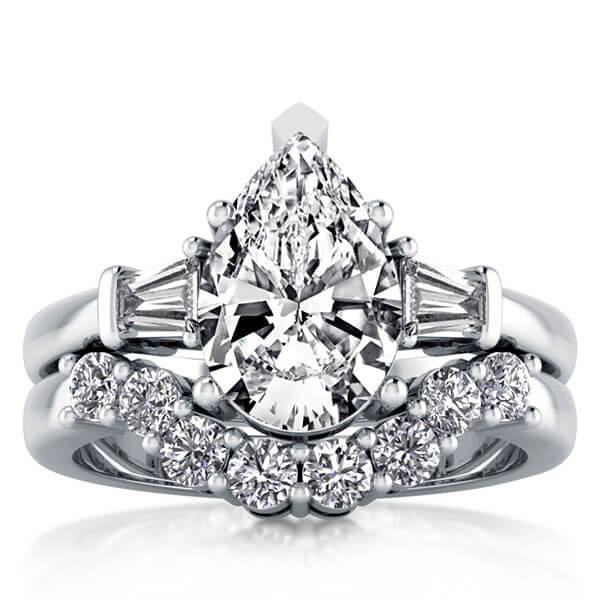 Three Stone Pear Created White Sapphire Bridal Set - Sterling Silver