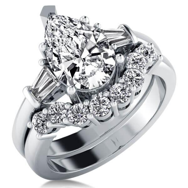 Three Stone Pear Created White Sapphire Bridal Set - Sterling Silver