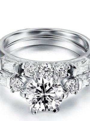 Sterling Silver Engagement Ring Set for Women - 2.00 CT Center Stone