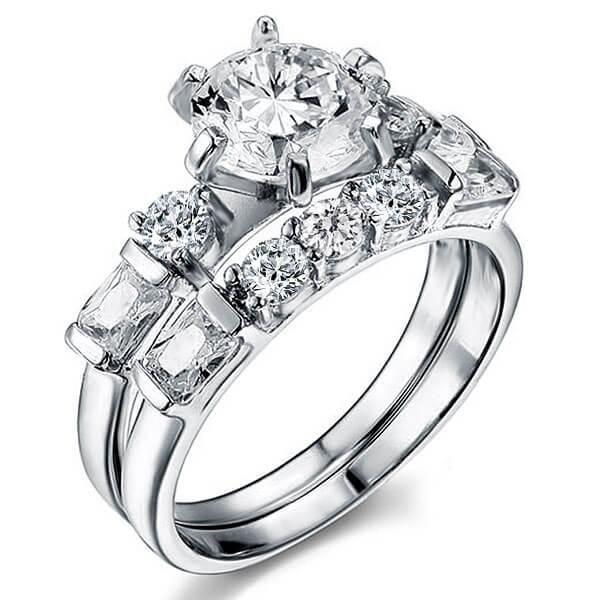 Sterling Silver Engagement Ring Set for Women - 2.00 CT Center Stone