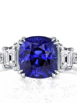 Cushion Cut Created Sapphire Three Stone Engagement Ring in Sterling Silver