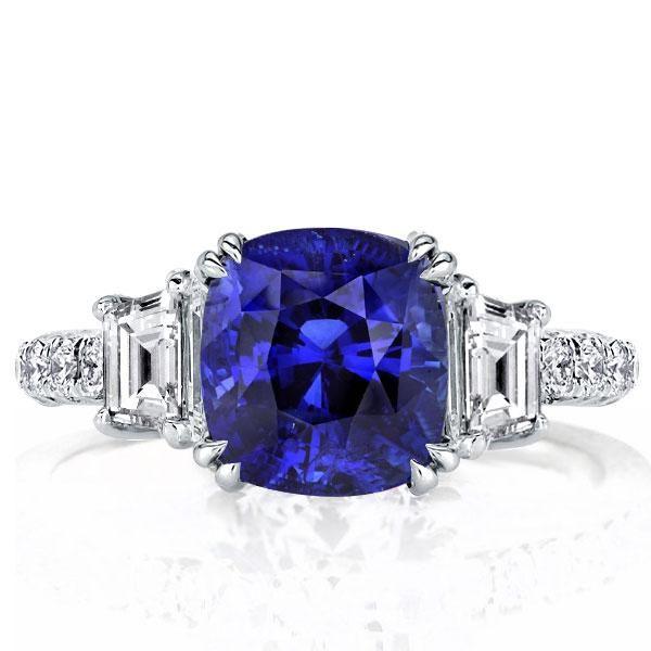 Cushion Cut Created Sapphire Three Stone Engagement Ring in Sterling Silver