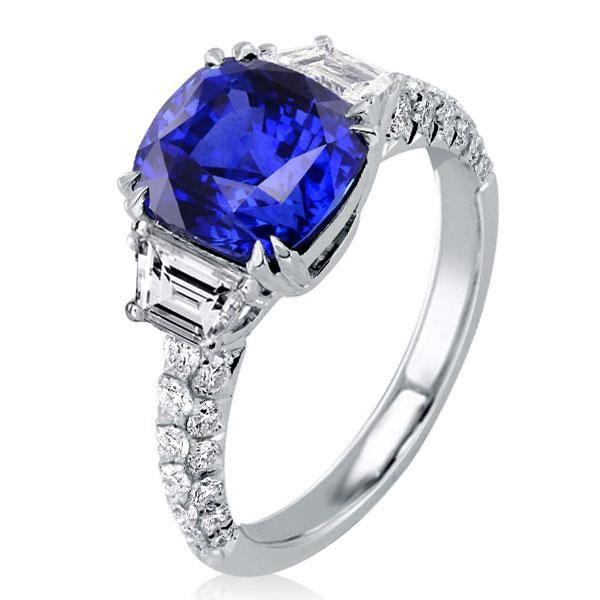 Cushion Cut Created Sapphire Three Stone Engagement Ring in Sterling Silver