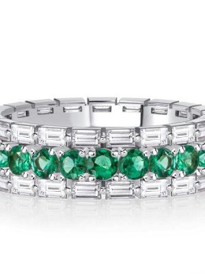 Emerald and Sapphire Eternity Band Ring in 925 Sterling Silver with Baguette Edge Accents