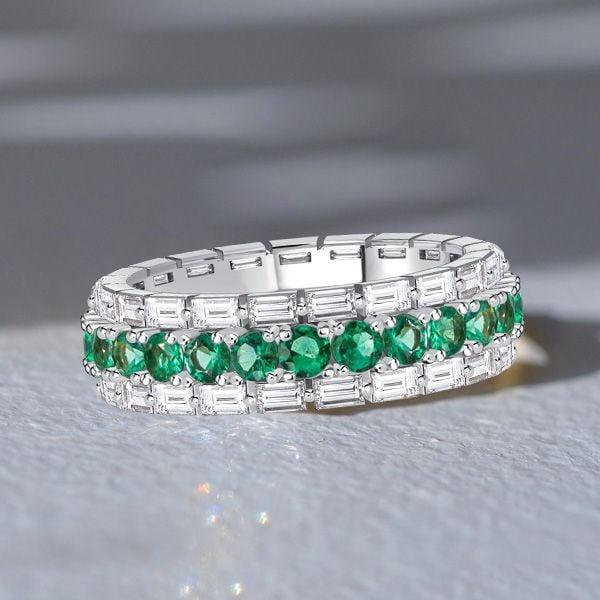Emerald and Sapphire Eternity Band Ring in 925 Sterling Silver with Baguette Edge Accents