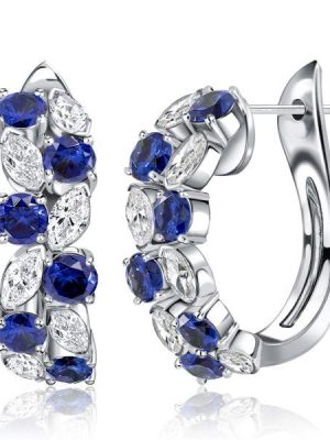 Blue Sapphire Marquise Cluster Hoop Earrings - Sterling Silver