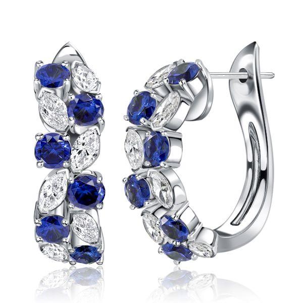 Blue Sapphire Marquise Cluster Hoop Earrings - Sterling Silver