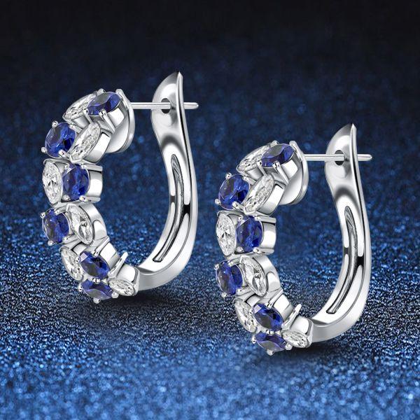 Blue Sapphire Marquise Cluster Hoop Earrings - Sterling Silver