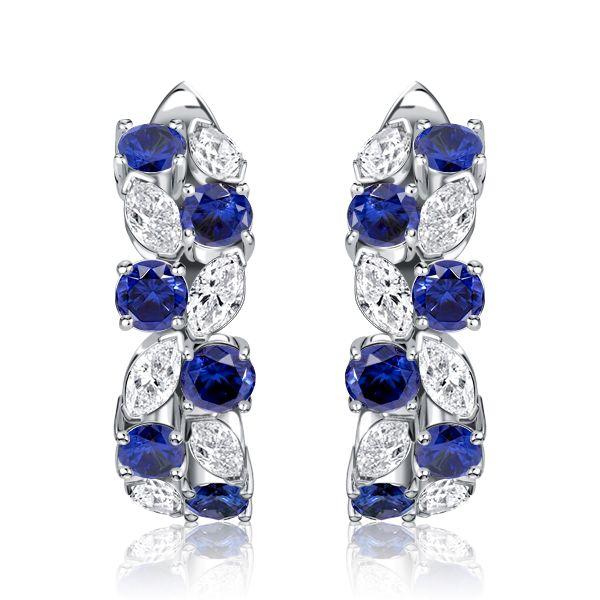 Blue Sapphire Marquise Cluster Hoop Earrings - Sterling Silver