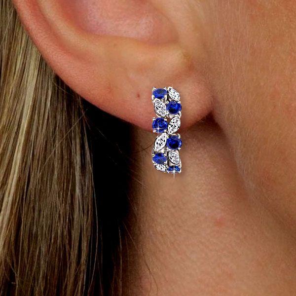 Blue Sapphire Marquise Cluster Hoop Earrings - Sterling Silver