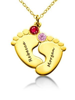 Personalized Baby Feet Necklace with Birthstones - 18K Gold Plated Sterling Silver
