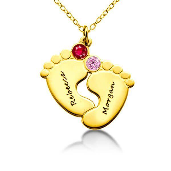 Personalized Baby Feet Necklace with Birthstones - 18K Gold Plated Sterling Silver