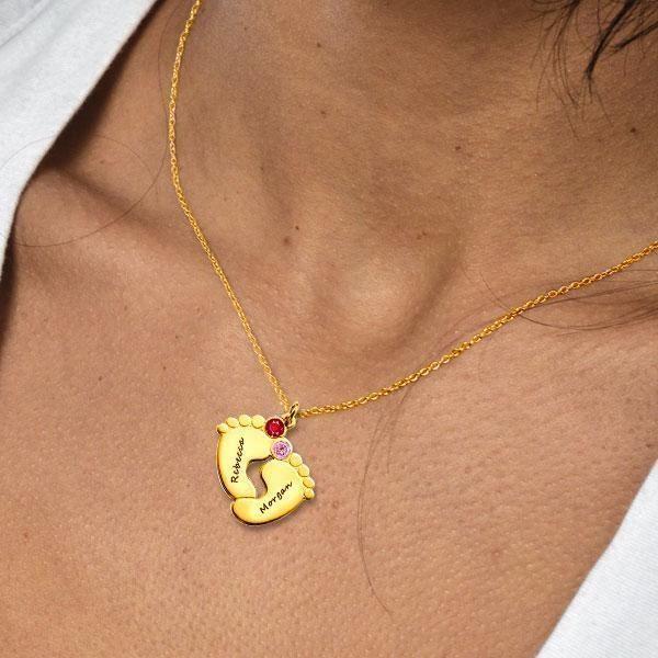 Personalized Baby Feet Necklace with Birthstones - 18K Gold Plated Sterling Silver