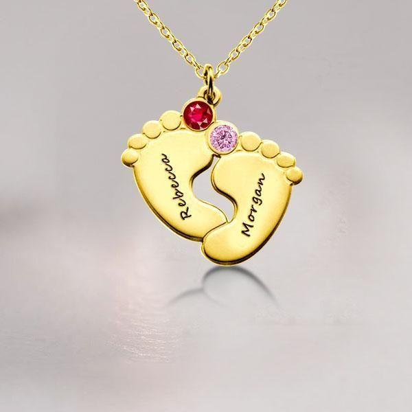 Personalized Baby Feet Necklace with Birthstones - 18K Gold Plated Sterling Silver