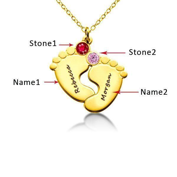 Personalized Baby Feet Necklace with Birthstones - 18K Gold Plated Sterling Silver