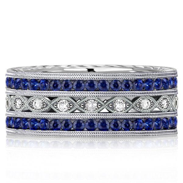 Milgrain Blue Sapphire Eternity Band - Sterling Silver Wedding Ring for Women