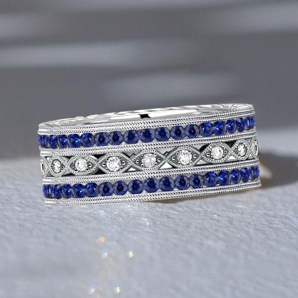 Milgrain Blue Sapphire Eternity Band - Sterling Silver Wedding Ring for Women