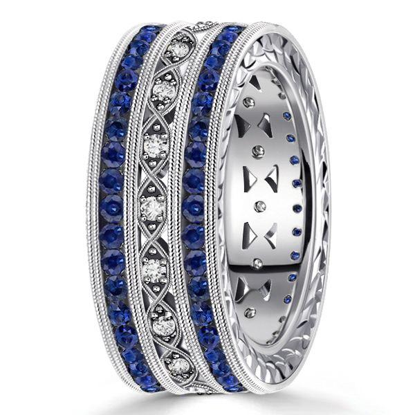 Milgrain Blue Sapphire Eternity Band - Sterling Silver Wedding Ring for Women